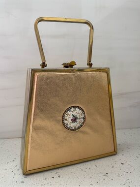 1950s Tyrolean Gold Box Purse with Porcelain and Rhinestone Trim Rough Condition